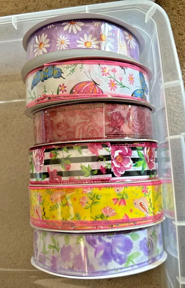 Multi Color Spring Butterflies & Flowers Wired Ribbon 1.5x 10 yd - Image 1 of 1