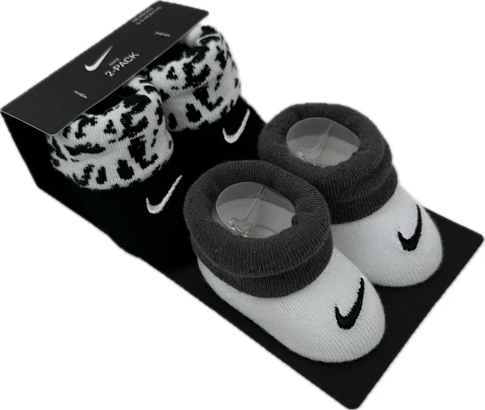 Nike Baby 2 Pk White Grey Black Cotton Cuffed Logo Graphic Sock Booties Sz 0-6 M
