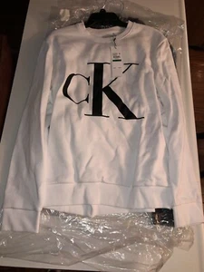 Mens Large Calvin Klein White Black Monogram CK Logo Crewneck Sweatshirt MSRP 75 - Picture 1 of 7