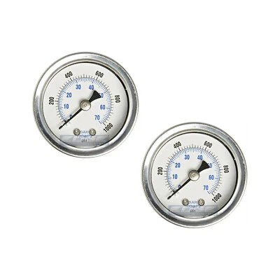2 PACK LIQUID FILLED PRESSURE GAUGE 0-1000 PSI, 1.5" FACE, 1/8" NPT BACK MOUNT - Image 1 of 3