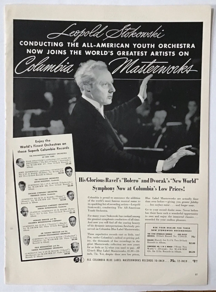 1940 magazine ad for Columbia Records - Leopold Stokowski records Ravel & Dvorak - Image 1 of 1