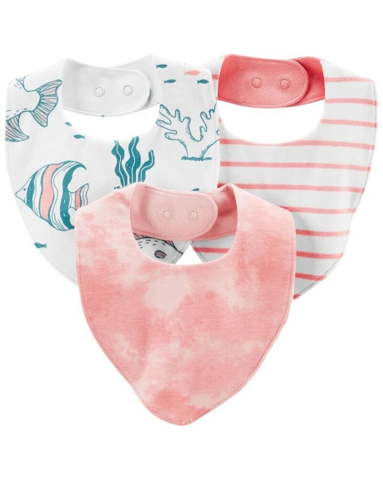 Novo com etiquetas Carter's Girl's Bandana Bibs Sea Life, listrado rosa, tingido rosa pacote com 3 - Imagem 1 de 1
