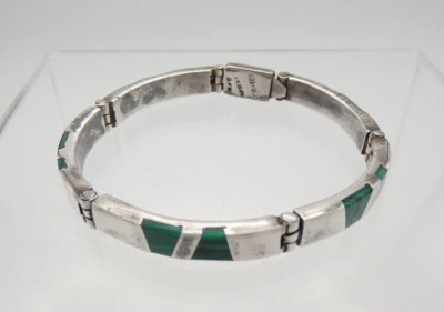 Pulsera de eslabones con incrustaciones de malaquita de plata de ley 925 Taxco México TR-168 vintage Foto 1 de 4