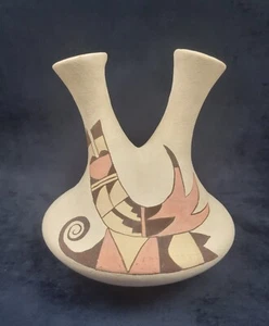 Vintage weiße Keramik Doppel Auslauf große Hochzeit Vase braun pastell signiert Lee - Bild 1 von 11