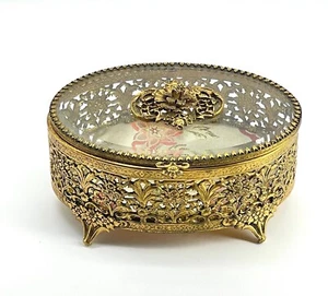 Vintage Gold Filigree Jewelry Box With Lid Footed Lined Floral Silk Fabric - Picture 1 of 12