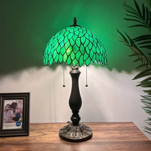 Tiffany Style Table Lamp Stained Glass Green Leaves LED Bulbs 12"W*12"D*22"H - Picture 1 of 6