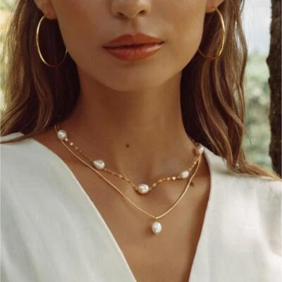 Damen Kette Perlenkette weiß vergoldet 24 Karat Echte Süßwasserperlen K6262DL - Bild 1 von 4