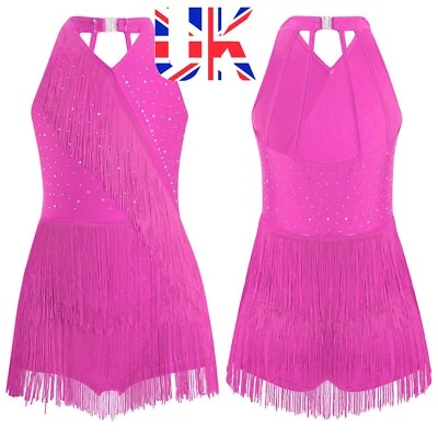 UK Kids Girls Rhinestones Latin Jazz Dance Dress Tango Rumba Samba Dance Costume - Image 1 of 3