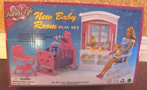 FancyLife DOLLHOUSE FURNITURE New BABY Home w/Shelf Stand+Hi Chair+Rocking Crib  - Picture 1 of 11