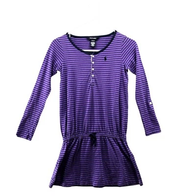 Ralph Lauren Girls 8/10 M Long Sleeve T Shirt Dress Purple Striped Henley Pony  - Image 1 of 4