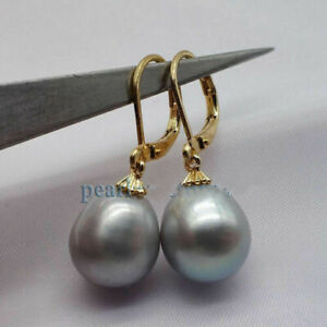 Natural AAA+ 10-12mm gray South Sea Pearl 14K Gold Earrings