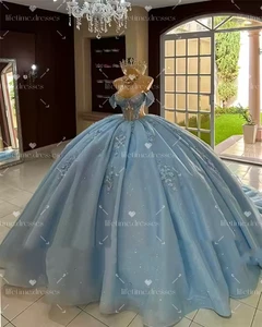 Abiti Quinceanera Glitterati Blu Cielo Party Vestidos De 15 Años Abiti da Ballo - Foto 1 di 5