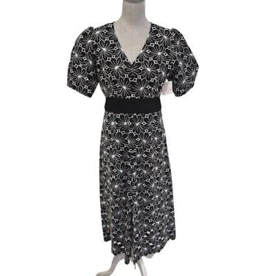 Elie Tahari Women's Black & White Flower Embroidered Puff Sleeves Dress   Medium - Image 1 of 4