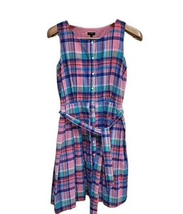 Abito TALBOTS rosa Madras a quadri taglia 8 petite cotone con cintura bottoni senza maniche - Foto 1 di 7