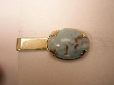 1-1/4" Pale Blue Turquoise & Gold Tone Vintage SMALL Tie Bar Clip simple design - Image 1 of 4