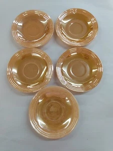 Set Of 5 Vintage Fire King Peach Luster 3 Band Saucers - Picture 1 of 5