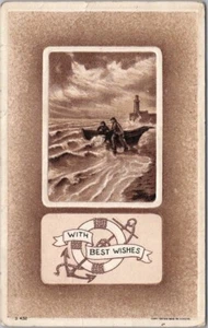 MEJORES DESEOS Tarjeta Postal Saludos en Relieve Salvavidas/Escena de Barco 1910 Cancelar - Imagen 1 de 2