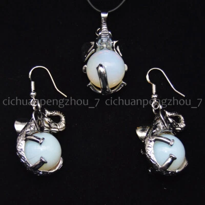 Natural White Opal Moonstone Ball Elephant Pendant Necklace Earrings Jewelry Set - Image 1 of 3