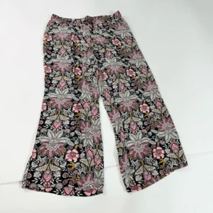 Loft Pants Womens Medium Black Floral Pattern Mid-Rise Wide-Leg Linen Viscose - Picture 1 of 12