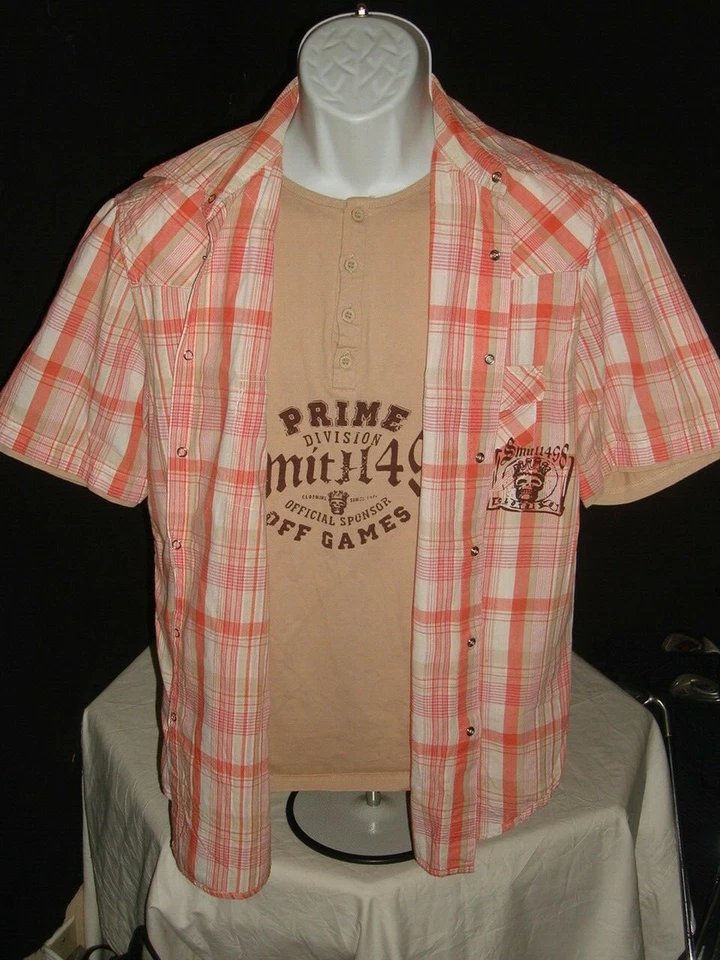 RB Rainbow Collection Red/White Plaid Snap Button Ft/Henley Combo S/S Shirt Sz L - Image 1 of 4