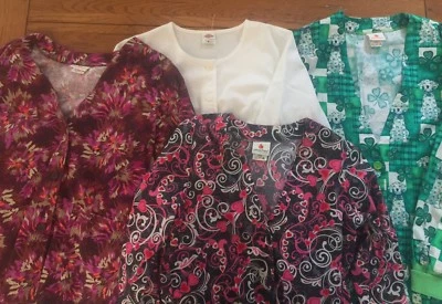 Lot of 4 Women's XS Scrubs Tops Prints & White Holiday Clovers Peaches Dickies - Image 1 of 4