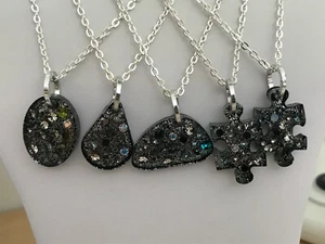 Sparkling Silver & Black Resin & Crystal Pendants on Silver Plated Chains - Picture 1 of 30