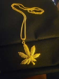 Fake Gold   Stainless Steel Cannabis Marijuana Leaf  Pendant Necklace 22" - Picture 1 of 1