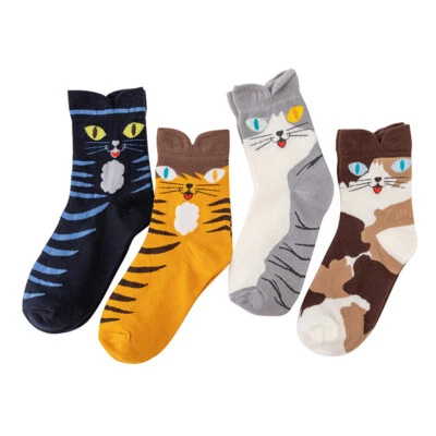 4 pares de calcetines informales de algodón para mujer coloridos lindos con diseño de animales estampados gato Foto 1 de 4
