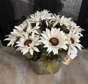 WHITE SUNFLOWERS ARRANGEMENT Farmhouse Centerpiece by Harvest Decor w/metal pot - Picture 1 of 6