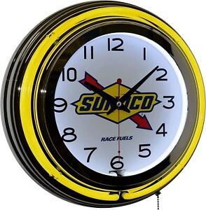 15" SUNOCO Race Fuels Gasoline Sign Yellow Double Neon Clock Gas Station Oil