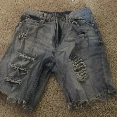 Love Fire Jean Shorts Blue Denim Juniors 5 Distressed Fringe Fray Hems Cotton - Image 1 of 3
