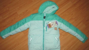 NWT New EDDIE BAUER Girl's XS Size 5 6 Down Filled Hooded Jacket Green Blue - Picture 1 of 5