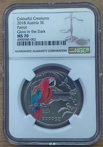 NGC MS70 Austria 2018 3Euro Coin - Parrot - Colourful Creatures - Glow in Dark - Picture 1 of 4