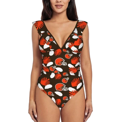 Cleveland Browns Women's Ruffle One Piece Swimsuit Hawaiian Printed Swimsuit Cover