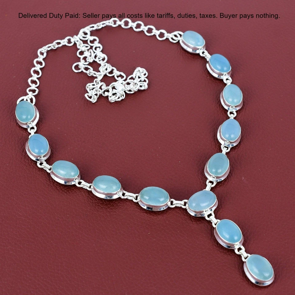 Collar de cadena de piedras preciosas aguamarina de plata de ley 925 para mujer Foto 1 de 4