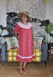 Vintage 80er Perlen Hawaii Kleid Midi MuuMuu Sommerkleid Spitze rot Blumen tropisch M - Bild 1 von 6