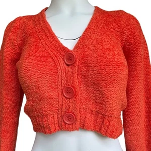 Urban Outfitters Cropped Cardigan Sweater Sz S Pumpkin Orange Chenille Halloween - Picture 1 of 9