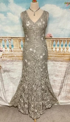 Phase Eight Evening Dress Silver Grey Lace Tapework Gatsby Ballgown 14 - Image 1 of 4