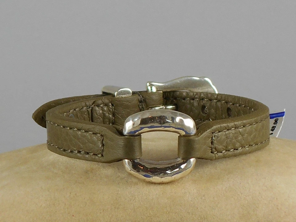 Brighton Silver Plated Olive Green TIMELESS LINK Leather Wrap Bandit Bracelet - Image 1 of 3