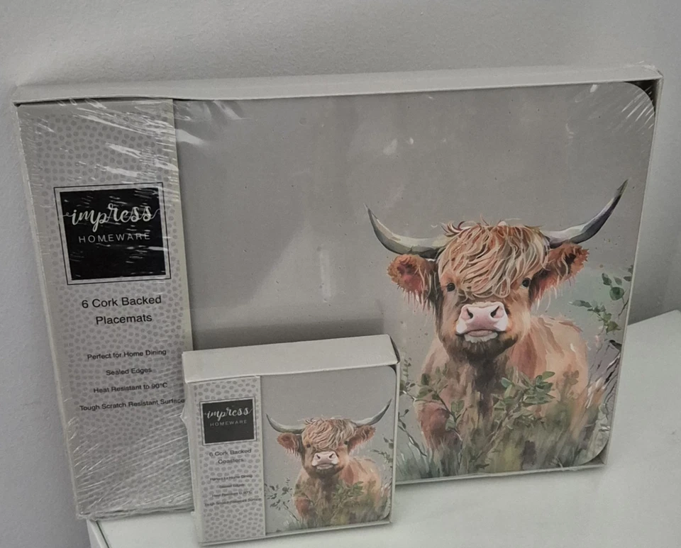 Set of 6 Grey  Floral Highland Cow Placemats & 6 Coasters Dinner Table Mats - Image 1 of 1