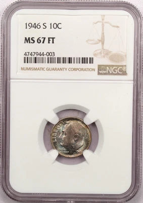 1946-S Roosevelt Dime 10C, NGC MS67FT Full Torch, Colorful Toning!!! - Image 1 of 4
