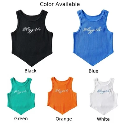Summer Women Embroidered Letter Casual Vest Korean Style O Neck Cropped Tops - Image 1 of 4