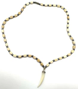 Boho Abalone Italian Horn Pendant Necklace Wood Hematite Bead - Picture 1 of 5