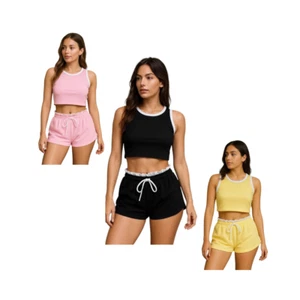 New Ladies Ribbed Fabric Sleeveless Cropped Top White Trim Shorts Co-Ord Set UK - Picture 1 of 4