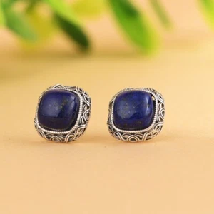 N05 Orecchini Quadrato Blu Lapislazzuli Bordo Onde Argento Sterling 925 - Foto 1 di 7