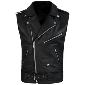 DEFY Men's Sleeveless Biker Style Classic Vest Belted Punk Genuine Leather Vest - Picture 1 of 6