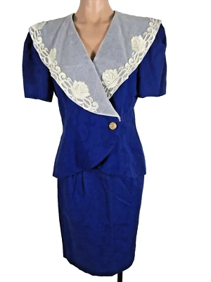 Traje de Cóctel Vintage Años 80 Años 90 Dinastía Retro Leslie Fay Cuello Yema Azul 12 Foto 1 de 4