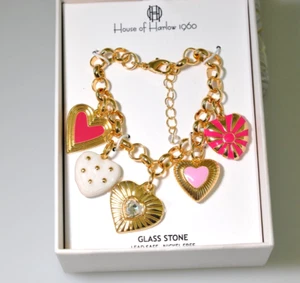 House Of Harlow Charm Bracelet glass rhinestone pink puffy heart charms NIB E - Picture 1 of 7