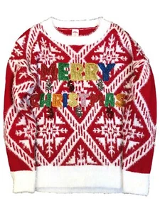 Womens Fuzzy Red Glitter Sequin Merry Christmas Holiday Sweater - Picture 1 of 2