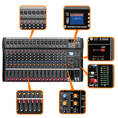 Pro 6/8/12/16 Channel Bluetooth Studio Audio Mixer Live Sound Mixing Console USB - Image 1 of 4